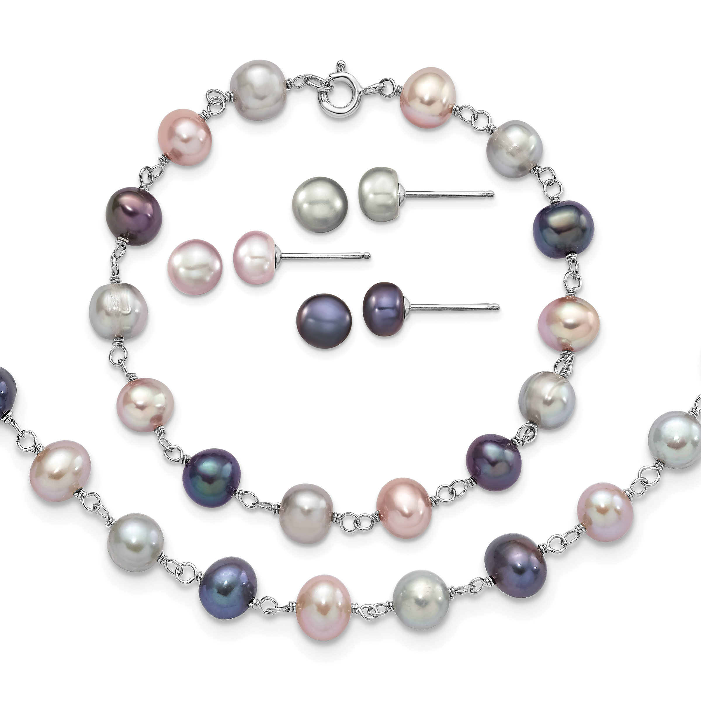 Sterling Silver Rhodium-plated 6-7mm Grey, Pink and Black Semi-Round Freshwater Cultured Pearl 18 inch Necklace, 7.25 inch Bracelet and 3-piece Button Post Earrings Set (QH4837SET)