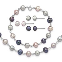Sterling Silver RH-plated 6-7mm Grey Pink Black Semi-Round Freshwater Cult. Pearl Necklace 7.25 in Bracelet 3-pair Button Post Earrings Set, 18" view 1