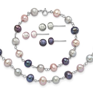 "Sterling Silver Rhodium-plated 6-7mm Grey, Pink and Black Semi-Round Freshwater Cultured Pearl 18 inch Necklace, 7.25 inch Bracelet and 3-piece Button Post Earrings Set"