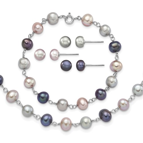 Sterling Silver RH-plated 6-7mm Grey Pink Black Semi-Round Freshwater Cult. Pearl Necklace 7.25 in Bracelet 3-pair Button Post Earrings Set, 18"