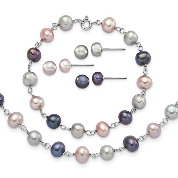 "Sterling Silver Rhodium-plated 6-7mm Grey, Pink and Black Semi-Round Freshwater Cultured Pearl 18 inch Necklace, 7.25 inch Bracelet and 3-piece Button Post Earrings Set"