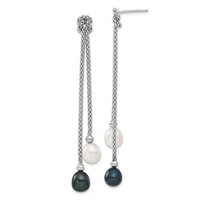 Sterling Silver Rhodium-plated 7-8mm Black and White Teardrop Freshwater Cultured Pearl Knot Y-Necklace and Post Dangle Earrings Set, 18" view 2