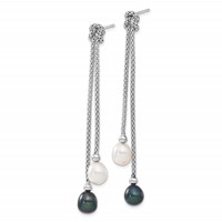Sterling Silver Rhodium-plated 7-8mm Black and White Teardrop Freshwater Cultured Pearl Knot Y-Necklace and Post Dangle Earrings Set, 18" view 4