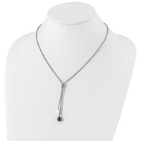 Sterling Silver Rhodium-plated 7-8mm Black and White Teardrop Freshwater Cultured Pearl Knot Y-Necklace and Post Dangle Earrings Set, 18" view 5