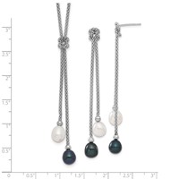Sterling Silver Rhodium-plated 7-8mm Black and White Teardrop Freshwater Cultured Pearl Knot Y-Necklace and Post Dangle Earrings Set, 18" view 3