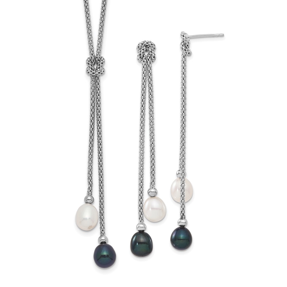 Sterling Silver Rhodium-plated 7-8mm Black and White Teardrop Freshwater Cultured Pearl Knot Y-Necklace and Post Dangle Earrings Set, 18"