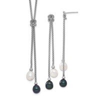 Sterling Silver Rhodium-plated 7-8mm Black and White Teardrop Freshwater Cultured Pearl Knot Y-Necklace and Post Dangle Earrings Set, 18" view 1