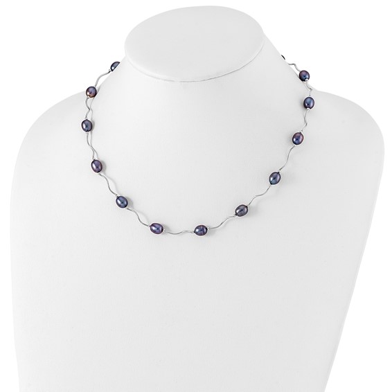 Sterling Silver Rhodium-plated 6-7mm Black Rice Freshwater Cultured Pearl 16-Station 18 inch Necklace