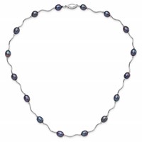 Sterling Silver Rhodium-plated 6-7mm Black Rice Freshwater Cultured Pearl 16-Station Necklace, 18" view 5