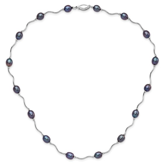 Sterling Silver Rhodium-plated 6-7mm Black Rice Freshwater Cultured Pearl 16-Station 18 inch Necklace