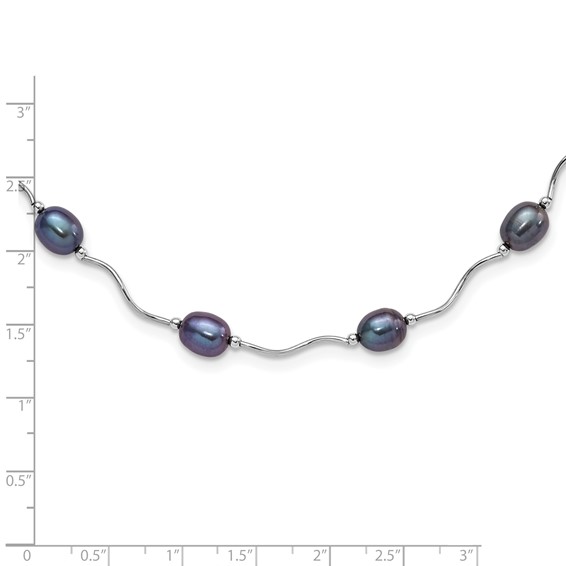 Sterling Silver Rhodium-plated 6-7mm Black Rice Freshwater Cultured Pearl 16-Station 18 inch Necklace