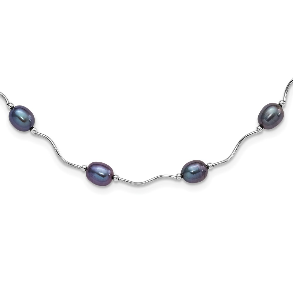 Sterling Silver Rhodium-plated 6-7mm Black Rice Freshwater Cultured Pearl 16-Station 18 inch Necklace (QH4854-18)