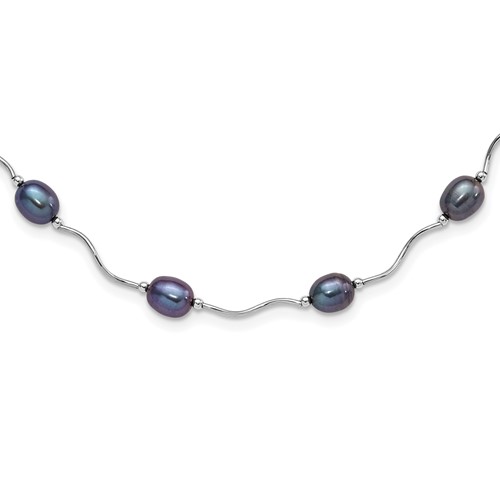 Sterling Silver Rhodium-plated 6-7mm Black Rice Freshwater Cultured Pearl 16-Station Necklace, 18"