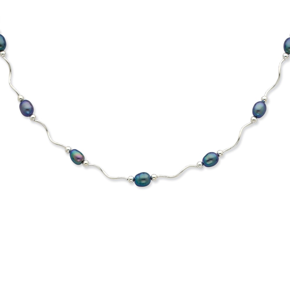 Sterling Silver Rhodium-plated 6-7mm Black Rice Freshwater Cultured Pearl 16-Station 18 inch Necklace (QH4854-18)