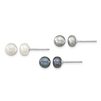 Sterling Silver RH-plated 6-8mm White Grey Blk Semi-Round Freshwater Cult. Pearl Necklace 7.25 in Bracelet 3-pair Button Post Earrings Set, 18" view 2
