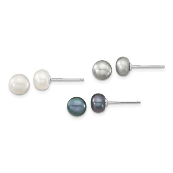"Sterling Silver Rhodium-plated 6-8mm White, Grey and Black Semi-Round Freshwater Cultured Pearl 18 inch Necklace and 7.25 inch Bracelet and 3-piece Button Post Earrings Set"