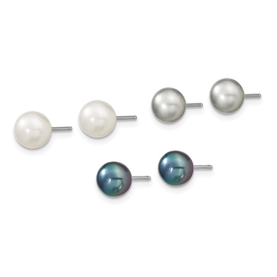 "Sterling Silver Rhodium-plated 6-8mm White, Grey and Black Semi-Round Freshwater Cultured Pearl 18 inch Necklace and 7.25 inch Bracelet and 3-piece Button Post Earrings Set"