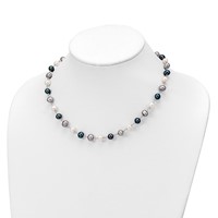 Sterling Silver RH-plated 6-8mm White Grey Blk Semi-Round Freshwater Cult. Pearl Necklace 7.25 in Bracelet 3-pair Button Post Earrings Set, 18" view 5