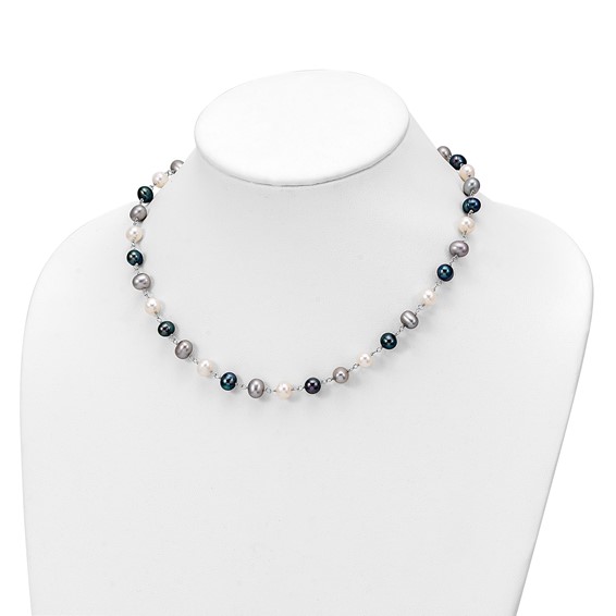 "Sterling Silver Rhodium-plated 6-8mm White, Grey and Black Semi-Round Freshwater Cultured Pearl 18 inch Necklace and 7.25 inch Bracelet and 3-piece Button Post Earrings Set"