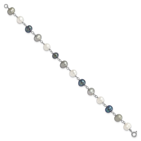 "Sterling Silver Rhodium-plated 6-8mm White, Grey and Black Semi-Round Freshwater Cultured Pearl 18 inch Necklace and 7.25 inch Bracelet and 3-piece Button Post Earrings Set"