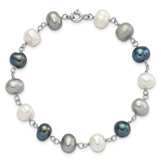 "Sterling Silver Rhodium-plated 6-8mm White, Grey and Black Semi-Round Freshwater Cultured Pearl 18 inch Necklace and 7.25 inch Bracelet and 3-piece Button Post Earrings Set"