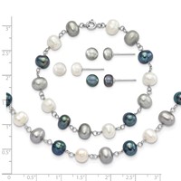 Sterling Silver RH-plated 6-8mm White Grey Blk Semi-Round Freshwater Cult. Pearl Necklace 7.25 in Bracelet 3-pair Button Post Earrings Set, 18" view 4
