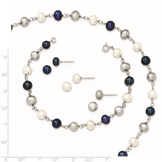 "Sterling Silver Rhodium-plated 6-8mm White, Grey and Black Semi-Round Freshwater Cultured Pearl 18 inch Necklace and 7.25 inch Bracelet and 3-piece Button Post Earrings Set"
