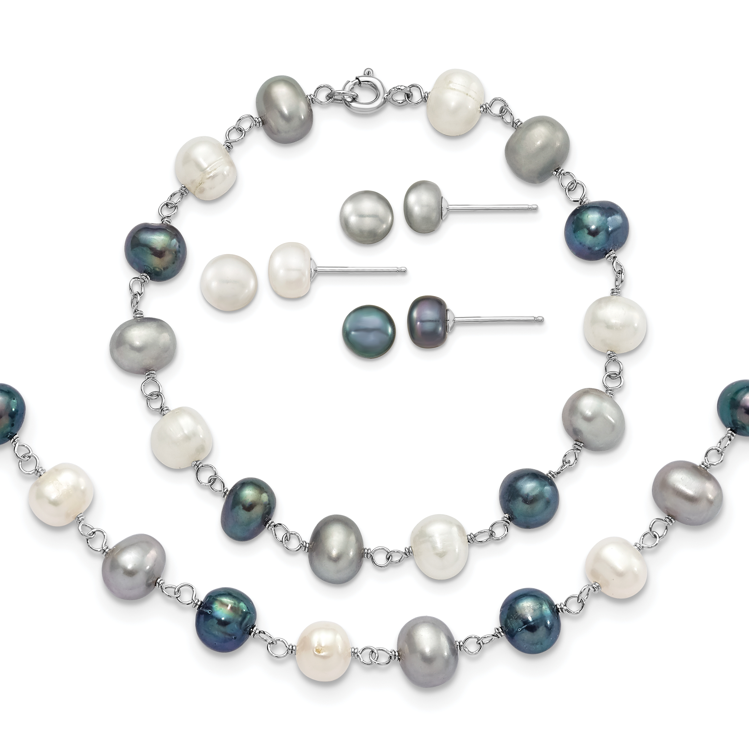 Sterling Silver Rhodium-plated 6-8mm White, Grey and Black Semi-Round Freshwater Cultured Pearl 18 inch Necklace and 7.25 inch Bracelet and 3-piece Button Post Earrings Set (QH4856SET)
