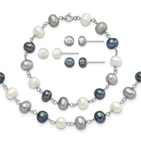 Sterling Silver RH-plated 6-8mm White Grey Blk Semi-Round Freshwater Cult. Pearl Necklace 7.25 in Bracelet 3-pair Button Post Earrings Set, 18" view 1