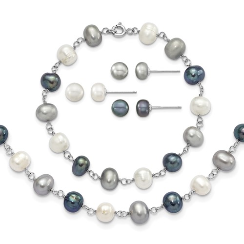 Sterling Silver RH-plated 6-8mm White Grey Blk Semi-Round Freshwater Cult. Pearl Necklace 7.25 in Bracelet 3-pair Button Post Earrings Set, 18"