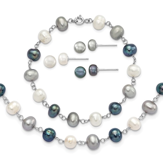 "Sterling Silver Rhodium-plated 6-8mm White, Grey and Black Semi-Round Freshwater Cultured Pearl 18 inch Necklace and 7.25 inch Bracelet and 3-piece Button Post Earrings Set"