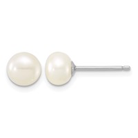 Sterling Silver Rhodium-plated 6-7mm White Button Freshwater Cultured Pearl Necklace Stretch Bracelet Post Earrings Set, 18" view 2