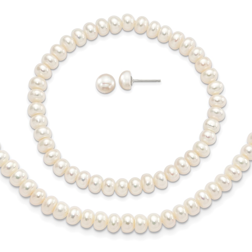 Sterling Silver Rhodium-plated 6-7mm White Button Freshwater Cultured Pearl Necklace Stretch Bracelet Post Earrings Set, 18"