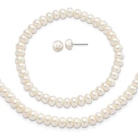 Sterling Silver Rhodium-plated 6-7mm White Button Freshwater Cultured Pearl Necklace Stretch Bracelet Post Earrings Set, 18" view 1