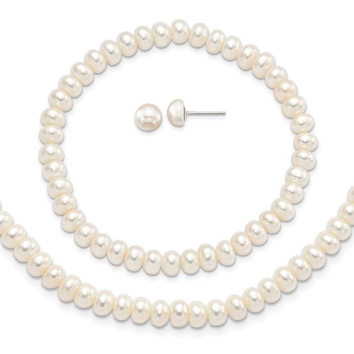 Sterling Silver Rhodium-plated 6-7mm White Button Freshwater Cultured Pearl Necklace Stretch Bracelet Post Earrings Set, 18"