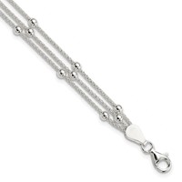 Sterling Silver Polished Beaded 3-Strand Bracelet - 7in view 1