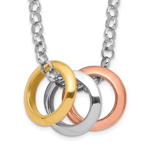 Sterling Silver Rhodium-plated Rose Gold-Tone Three Movable Circles Necklace, 16"