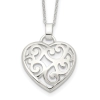 Sterling Silver Polished Filigree Swirl Heart Necklace, 18" view 1