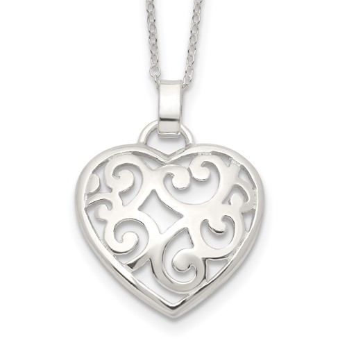 Sterling Silver Polished Filigree Swirl Heart Necklace, 18"