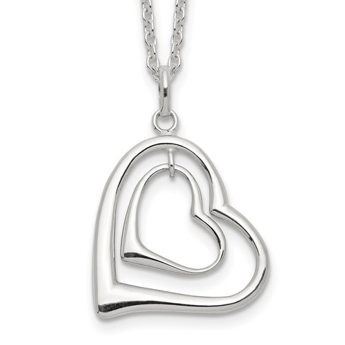 Sterling Silver Rhodium-plated Polished Double Heart Necklace, 18"