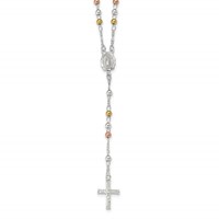 Sterling Silver Yellow and Rose Flash Gold-plated Polished Beaded Rosary Necklace, 24" view 1