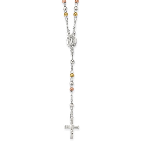 Sterling Silver Yellow and Rose Flash Gold-plated Polished Beaded Rosary Necklace, 24"