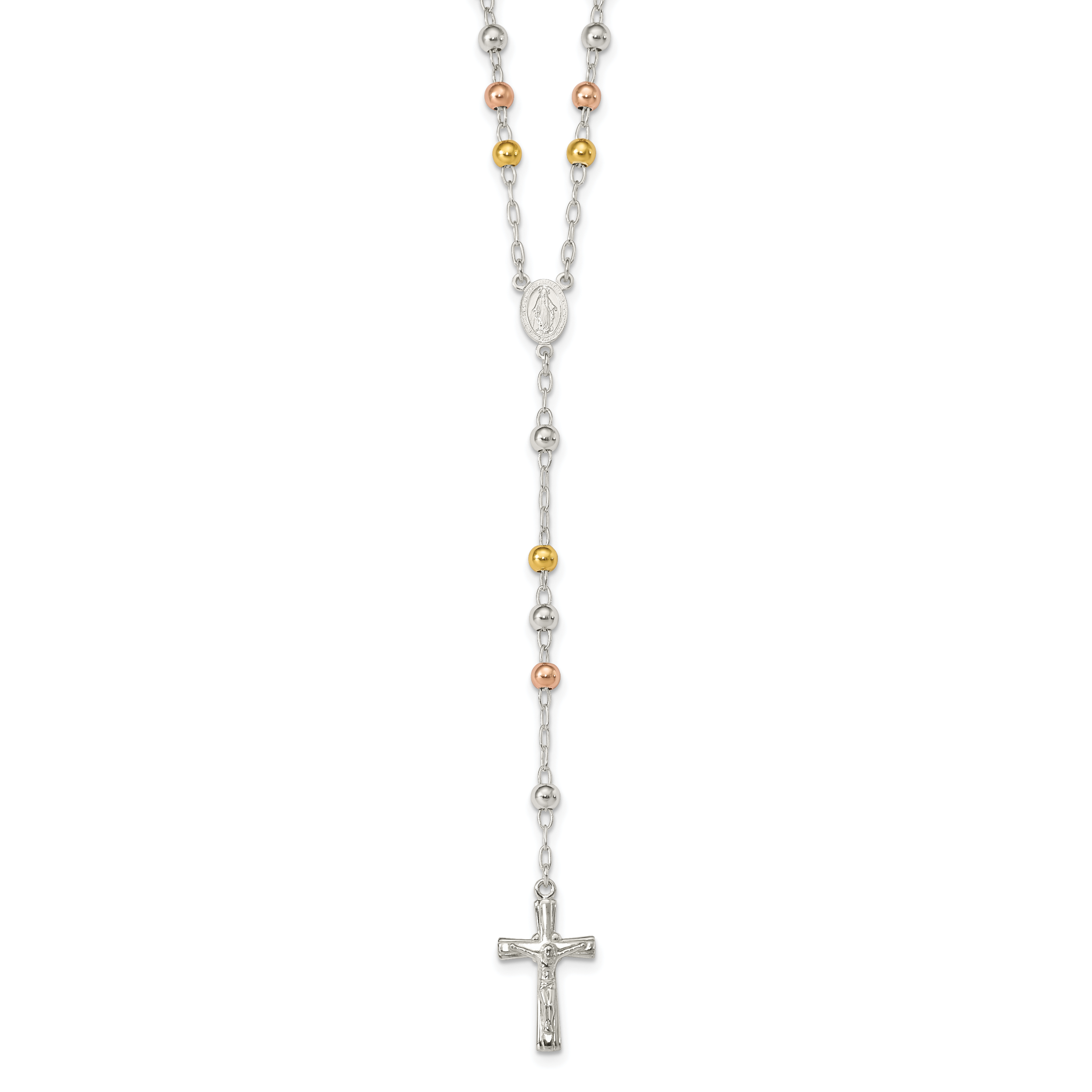 Sterling Silver Polished Rosary Tri-color Beads Necklace (QH4987)