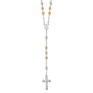 Sterling Silver Polished Rosary Tri-color Beads Necklace