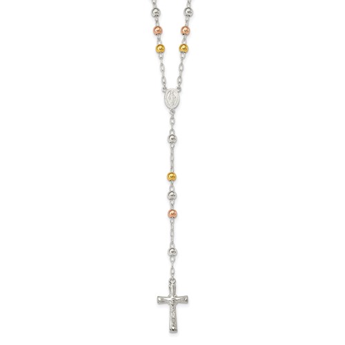 Sterling Silver Rose and Yellow Gold-plated Polished Beads Rosary, 26"