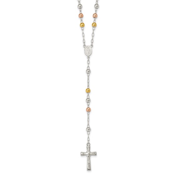 Sterling Silver Polished Rosary Tri-color Beads Necklace