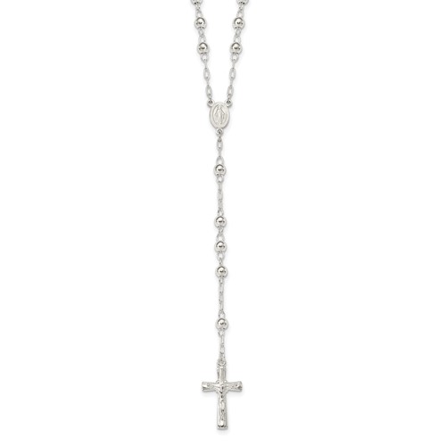 Sterling Silver Polished Beaded Rosary, 26"