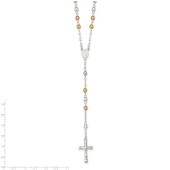 Sterling Silver Tri-color Polished Textured Bead Rosary 26 inch Necklace