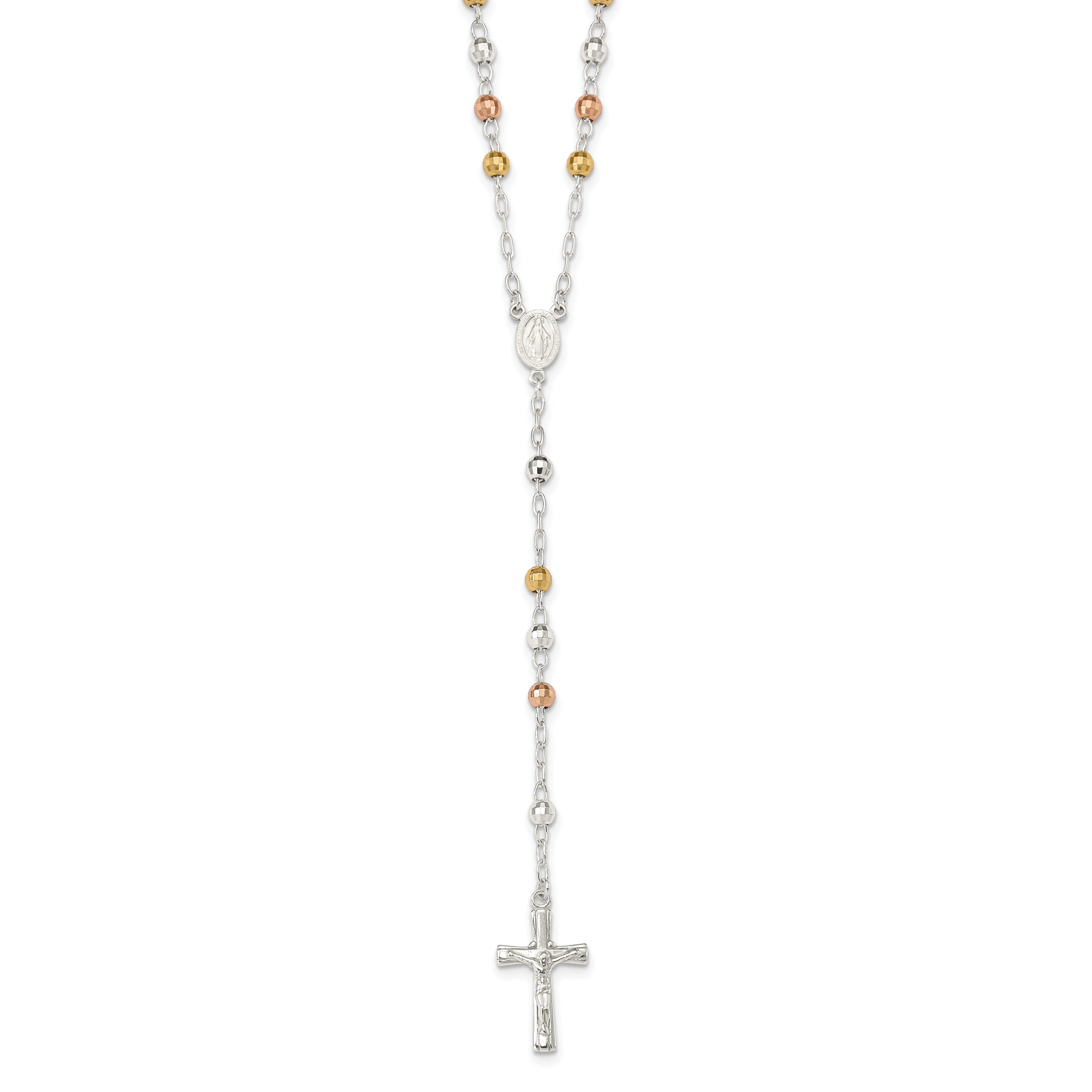 Sterling Silver Tri-color Polished Textured Bead Rosary 26 inch Necklace (QH4989)