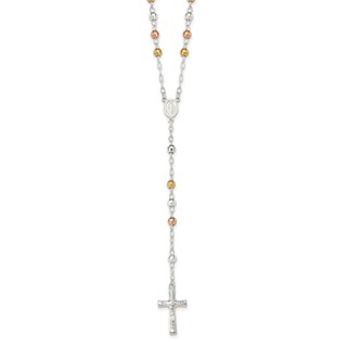 Sterling Silver Tri-color Polished Textured Bead Rosary 26 inch Necklace